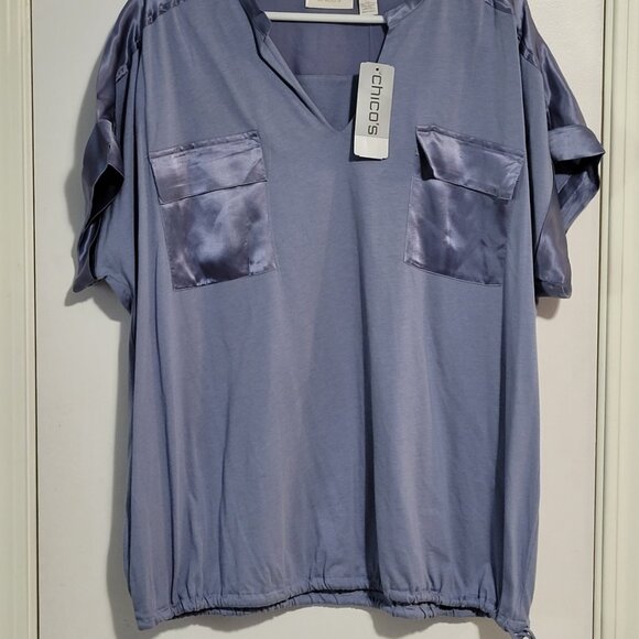 NWT WOMEN'S MILITARY POP OVER BLOUSE SILK ACCENT IN WASHED STONE CHICO'S 3 XL - Picture 3 of 7